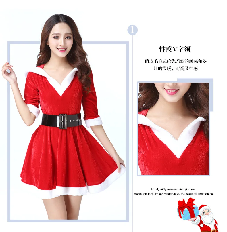 Christmas dress with belt Sexy womens Christmas costume Santa suit short sleeve plush warm fancy pleated dress
