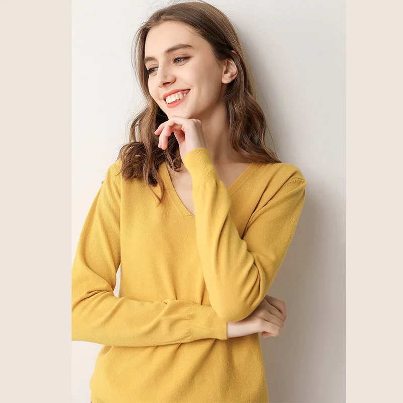 

FAKUNTN 2020 Basic V-neck Solid Autumn Winter Sweater Pullover Women Female Knitted Sweater Slim Long Sleeve New Sweater Cheap