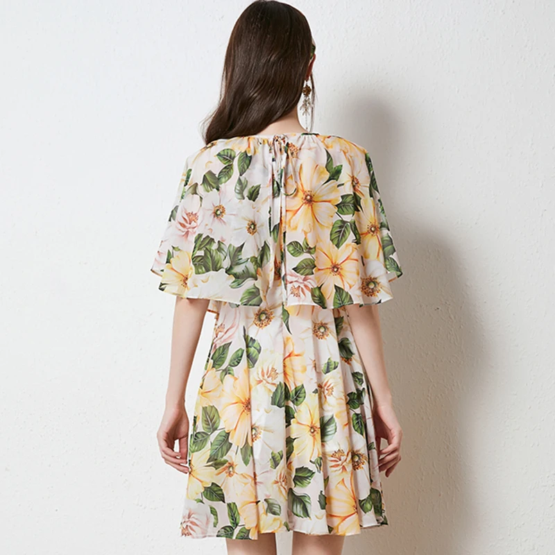 

Banulin 2021 Fashion Runway Summer Short Beach Dress Women Half Sleeve Yellow Camellia Print Chiffon Vacation Mini Dress