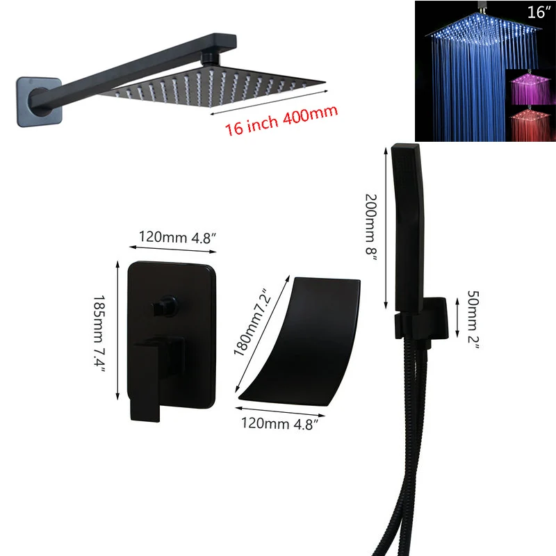LED 16 Inch Shower JIENI 8 12 16 дюймов матовый черный душ дождевая Ванна душевой кран светодиодный для ванной дождевая квадратная душевая головка водопад душевой кран Набор - Цвет: LED 16 Inch Shower
