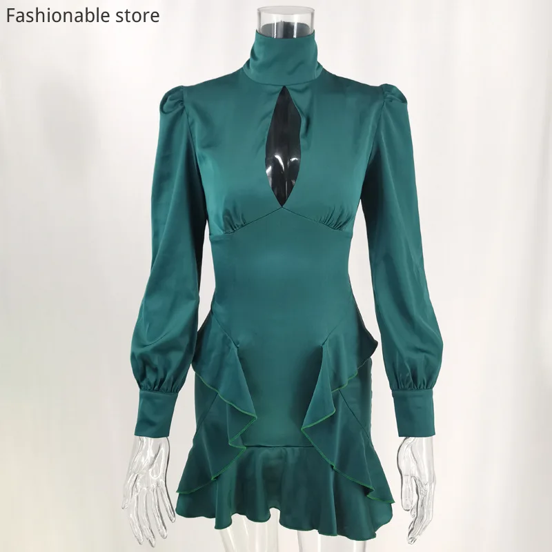 

Elegant Solid Color Satin Long Sleeve Street Style Ruffles Dress Women Autumn Puff Sleeve Hollow Out Chest Irregular Dress