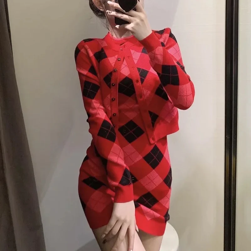 

UNIQYB ZA Dress Sets Long Sleeve Sweater Cardigan Sleeveless Sexy Dress Office Wear Female Set Plaid Knit Two-piece Suit Mujer