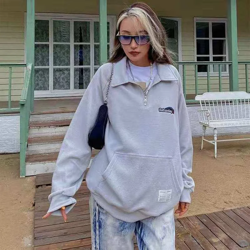 Женская винтажная Толстовка в клетку с воротником-поло и надписью | одежда