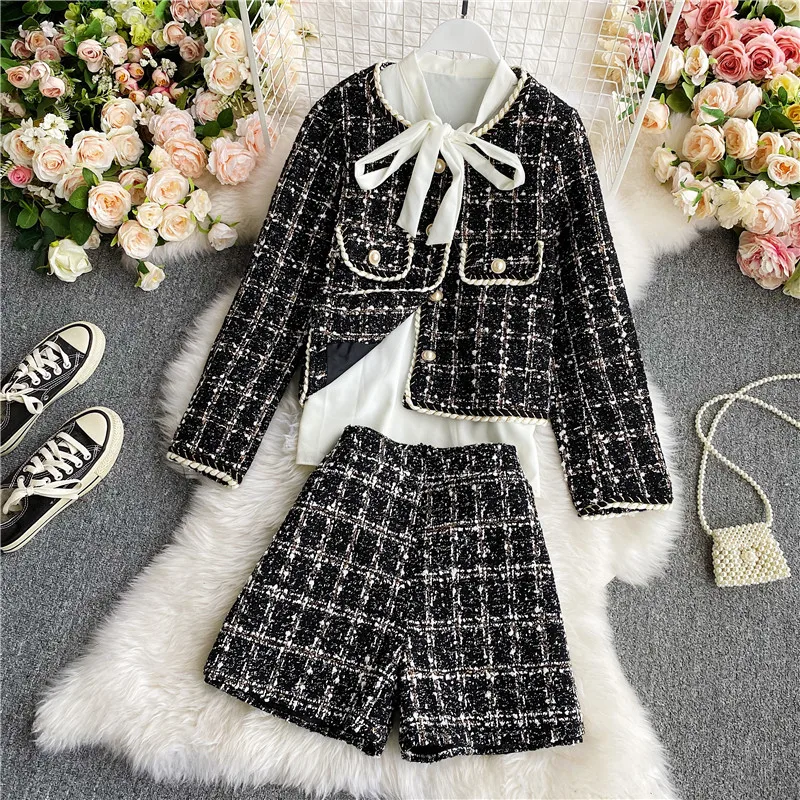 

Women 2020 Autumn Winter temperament Long sleeve Tweed Short Jacket + Skirt Two-Piece Fashion Suit Casual Chic Sets