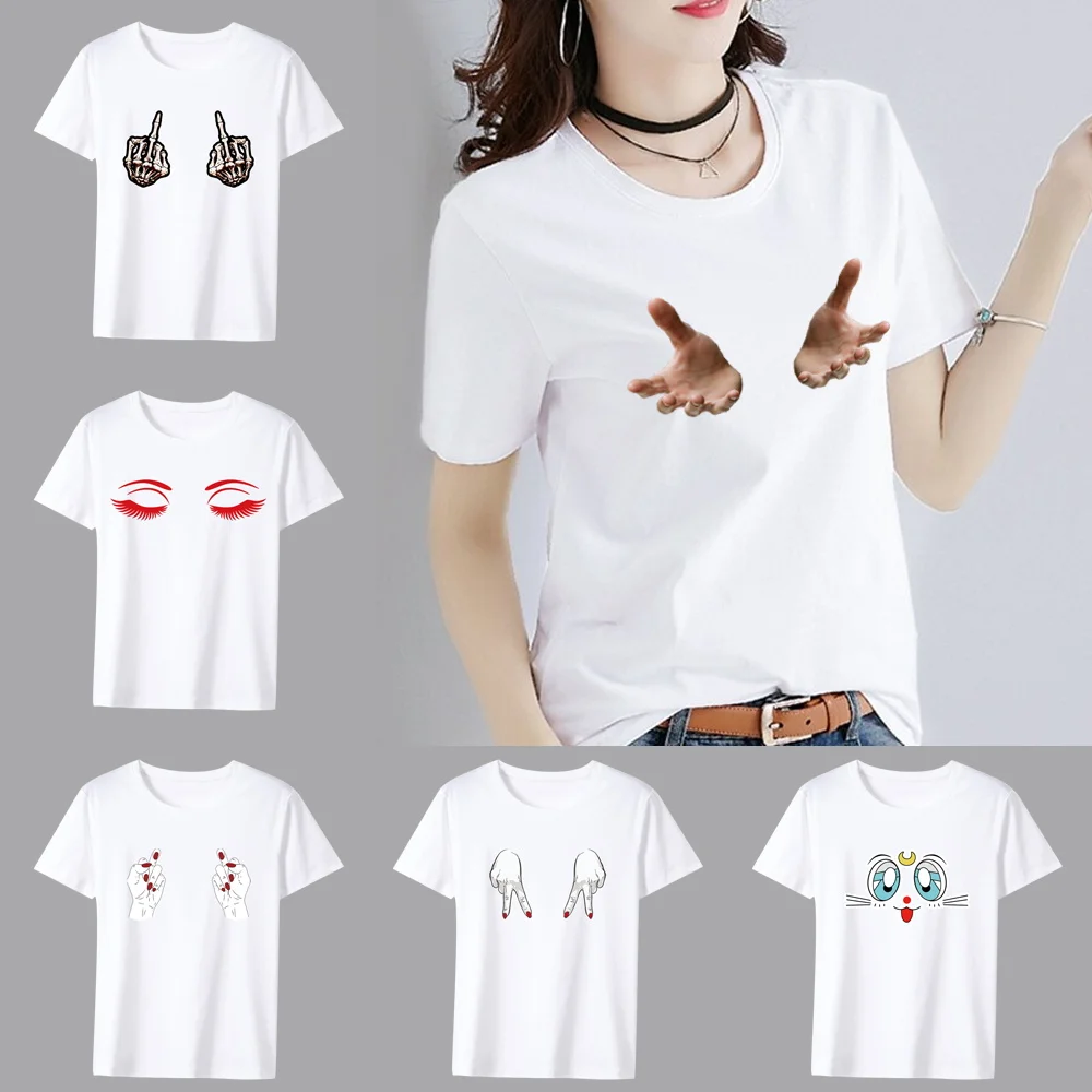 

Women's Simple T-shirt Classic Casual Slim Top Funny Chest Gesture Pattern Printing Series O-neck Ladies Commuter All-match Top