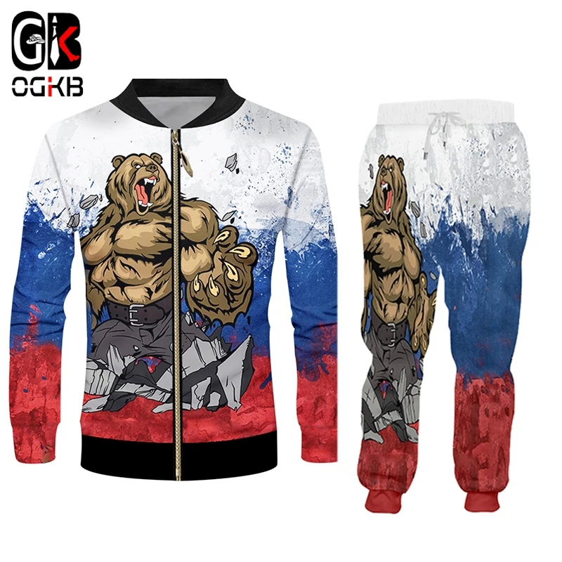 OGKB новый спортивный костюм с русским медведем куртка и спортивные штаны комплект
