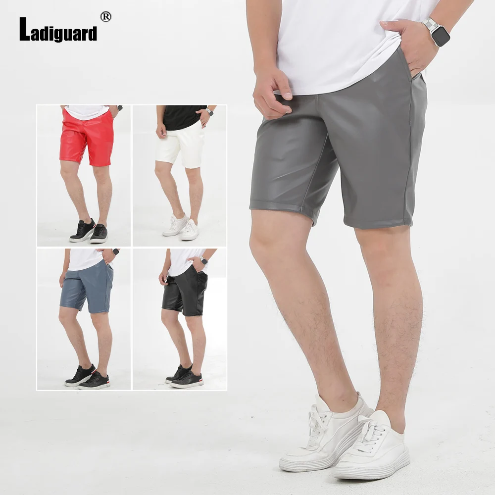 Ladiguard Plus Size Men Faxu Pu Leather Shorts Red Khaki Punk Style Half Pants 2022 Summer New Sexy Fashion Zipper Pocket Shorts