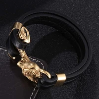 punk wolf head golden accessories black leather wrap bracelet men friend bangles fashion jewelry gifts
