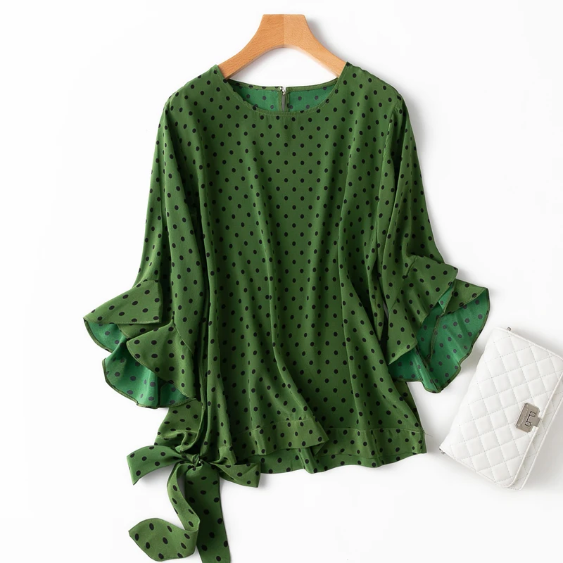 

SHUCHAN Natural Silk Women Blouse Polka Dot High Street Butterfly Sleeve O-Neck Green Blusa Feminina Women Tops