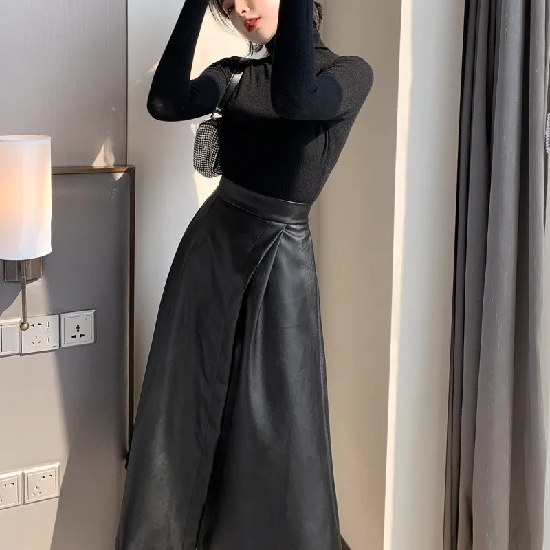 Женская длинная юбка из ПУ кожи универсальная с высокой талией трапециевидная