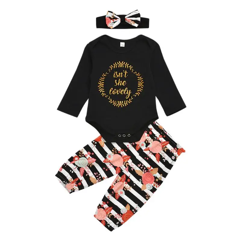 

Комбинезоны для девочек 3 шт., эластичные штаны в полоску, с круглым вырезом, длинным рукавом, с буквенным принтом, повязка на голову