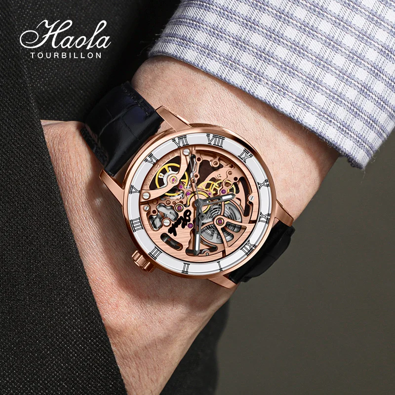 Фото Мужские механические наручные часы Haofa Skeleton Automatic, роскошные вращающиеся часы с сапфировым стеклом и керамической шкалой, relogio masculino 1933 №5