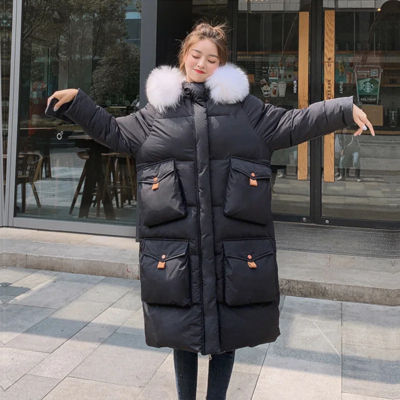 2019 New Arrival 4 Pockets Women Winter Jacket Cotton Padded Warm Thicken Big Fur Collar Ladies Long Coats Parka Womens Jackets | Женская
