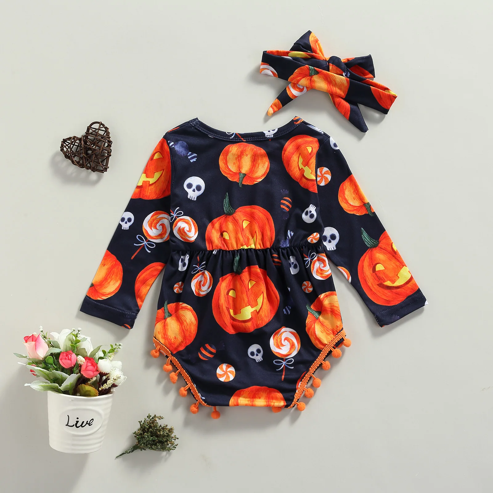 

Baby Girls Halloween Clothes Bodysuit Long Sleeve Round Collar Tassel Ball Playsuit and Bow Knot Headdress