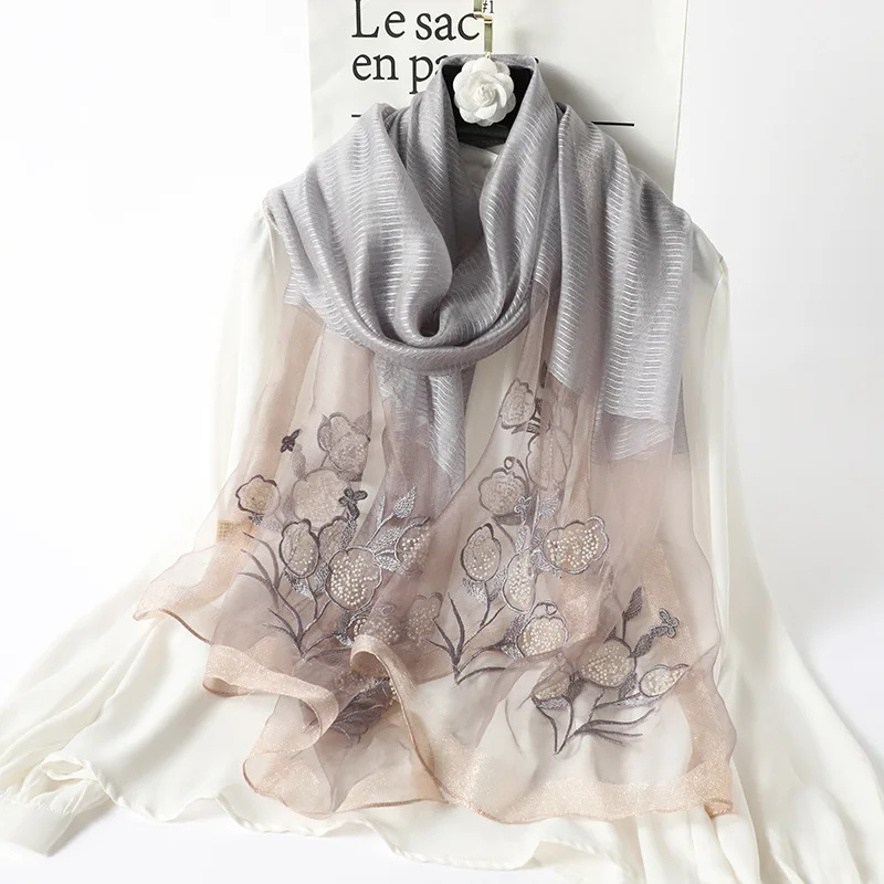 

HHhh New Spring, Autumn And Winter Silk And Wool Blended Long Ladies Scarf Floral Fashion Shawl Luxury Silk Embroidered Scarf
