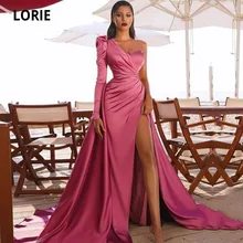 LORIE vestidos africanos de noche para mujer, una manga larga, sirena árabe, vestido de fiesta de satén rosa, vestido de fiesta (1)