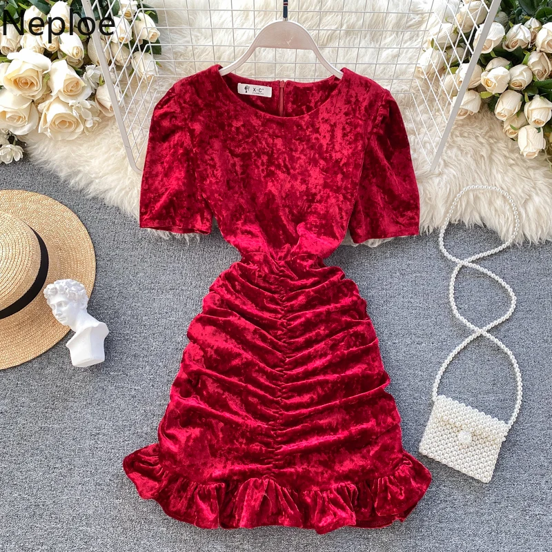 Neploe Ретро золото бархатные плиссированные оборки вечерние платье Высокая Талия