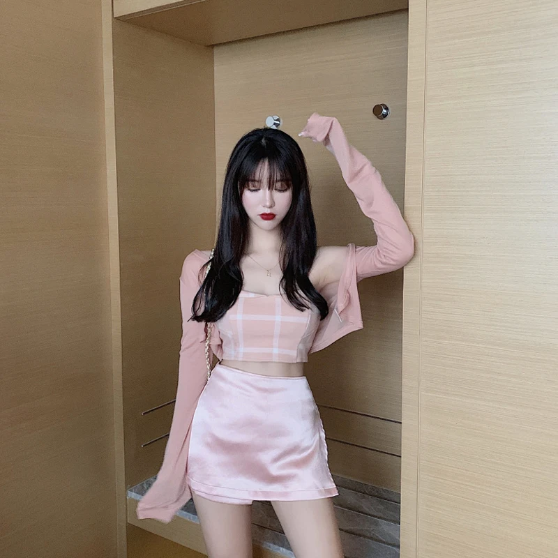 Женский комплект одежды из 3 предметов розовый вязаный кардиган + клетчатый Топ