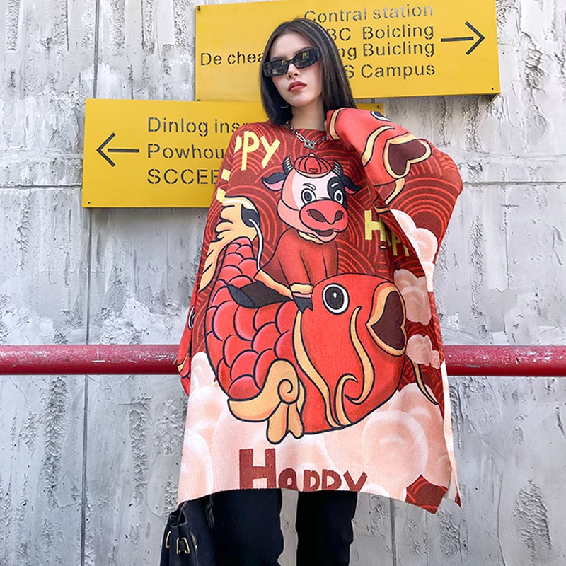 

Johnature Chinese This Animal Year Knitting Red Sweaters For Women 2021 Spring New Loose Long Pullver Women Sweater