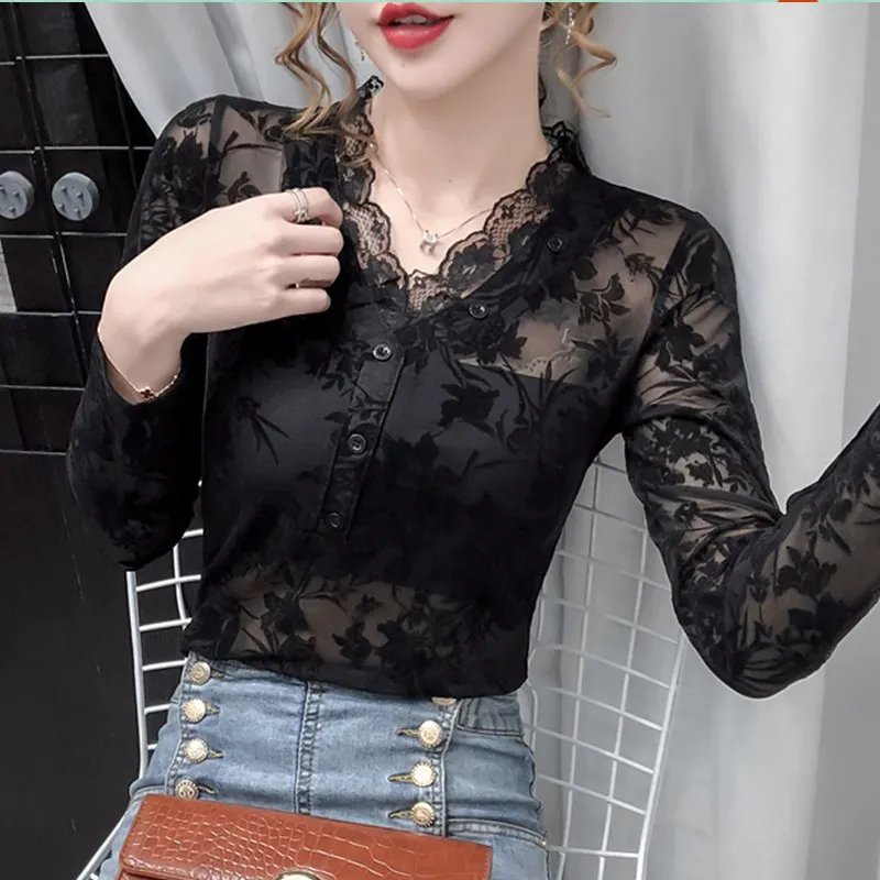 

New 2021 Spring Autumn Women T-Shirt Fashion Sexy V-Neck Lace Tops And Shirt Elegant Slim Hollow Out Black Shirt Blusas