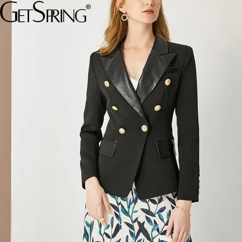 

Getspring Women Blazer Pu Leather Patchwork Double Breasted Blazers And Jackets Plus Size Vintage Casual Autumn Winter Suit Coat