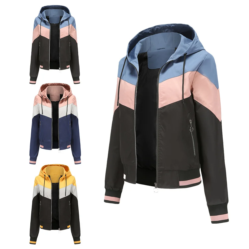 

Women's Jacket Spring Summer Pocket Zipper Hooded Two Side Wear Outwear Coat Loose Plus Size Windbreaker Jackets Famale