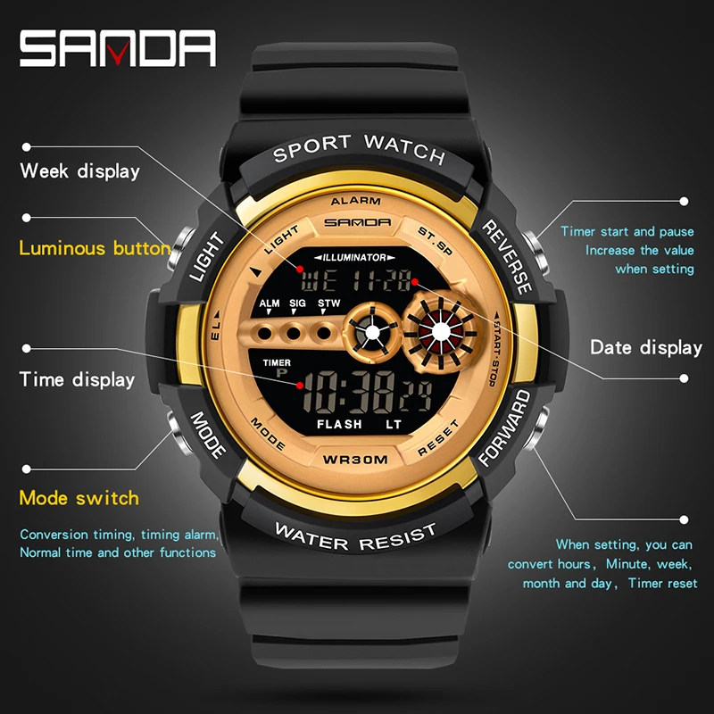 SANDA Top Brand Luxury Sport Digital Watch Men Fashion Waterproof Military Led Electronic Wrist Watch For Men Relogio Masculino enlarge