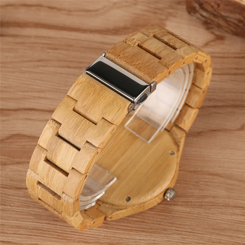 

Antique Simple Wooden Clock Men Quartz Analog Timepiece Blue Green Dial Design Full Bamboo Bracelet Present Wristwatch for Man