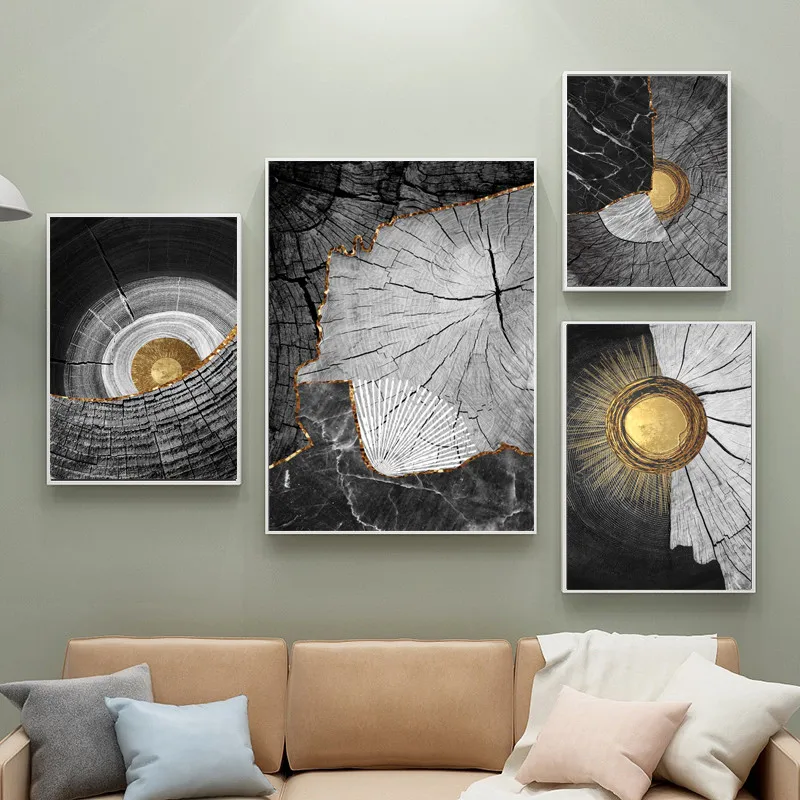 

Nordic decoration abstract black and white wood texture painting copper wall art poster canvas print picture home decor