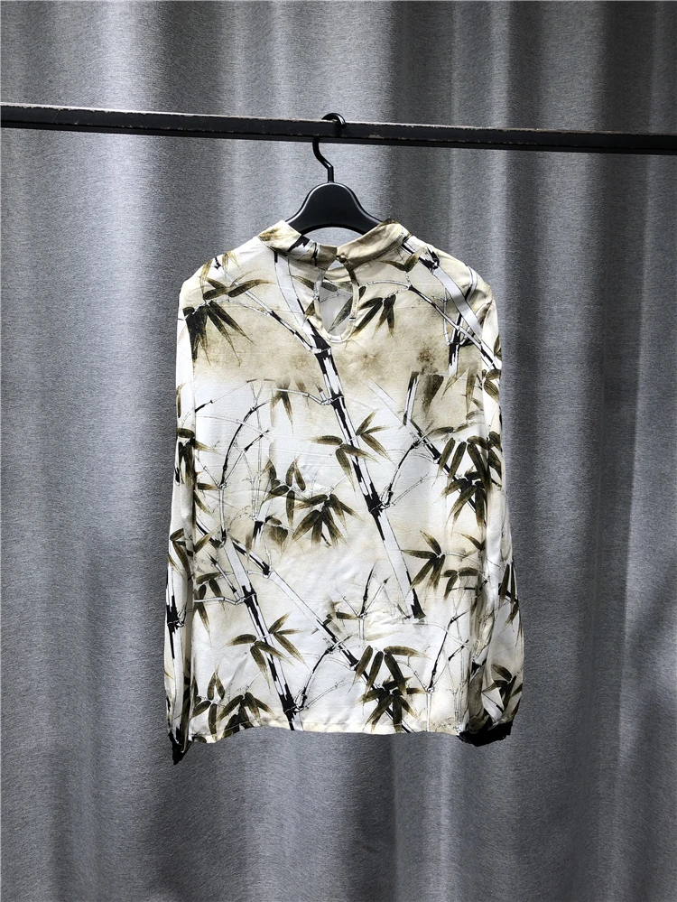

Tshirt Women Fashion Pure Silk Half High Collar Long Sleeve Top Pullover 2021 New Style in Spring And Summer Bamboo Leaf Pattern