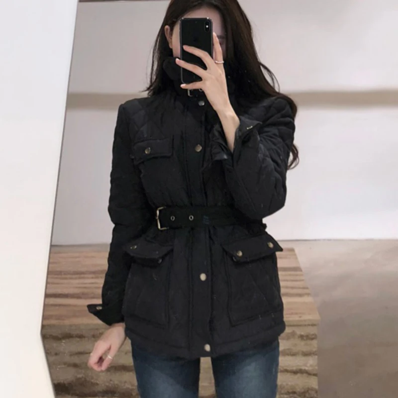 

Женское короткое пальто с кружевом, черное зимнее пальто с подкладкой, модная облегающая теплая куртка с воротником-стойкой, повседневная о...