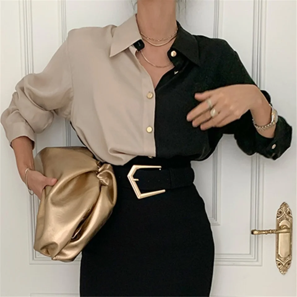 

Women Blouse 2021 Chemise Femme Office Lady Button Up Turn Down Collar Shirts Women Plus Size Ladies Patchwork Blouses Femme
