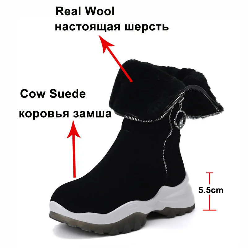 

ANNYMOLI Real Wool Fur Mid Calf Boots Women Genuine Leather Snow Boots Flat Platform Shoes Zip Ladies Boots Warm Winter Black 40