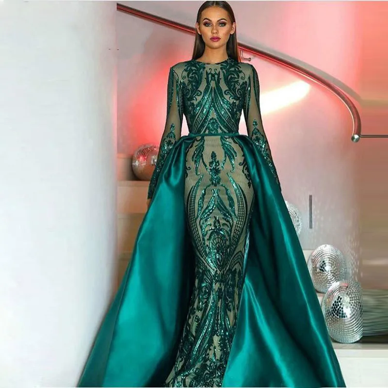 

Elegant Muslim Green Long Sleeve Evening Dresses 2020 With Detachable Train Sequin Bling Moroccan Kaftan Formal Prom Party Gown