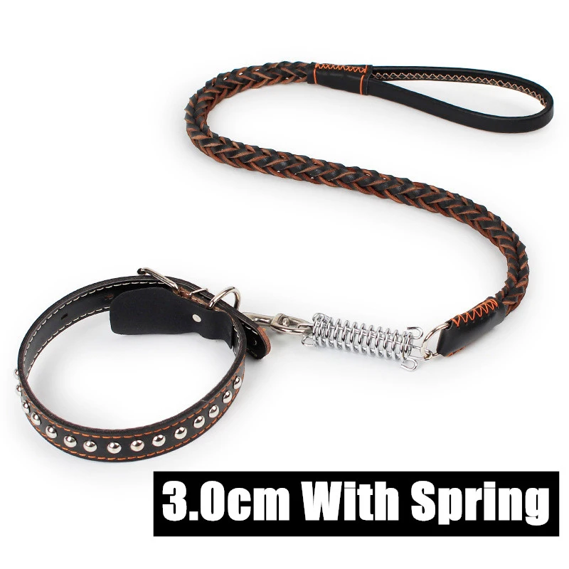 3.0cm With spring Плетеный коровий кожаный для собак ошейники износостойкий тренировочный поводок для собак Регулируемый ошейник для больших средних собак - Цвет: 3.0cm With spring