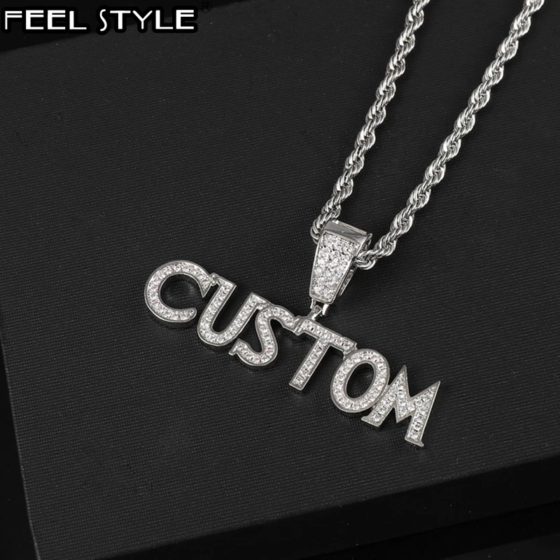 

Hip Hop Bling Cursive Custom Name Cubic Zircon Iced Out Letters Pendants & Necklaces For Men Women Jewelry With Rope Chain