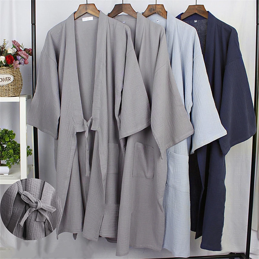 

Solid Cotton Sleepwear for Women Men Haori Yukata Bathrobe Home Clothing Adult Japanese Style Traditional Kiimoono Pajamas