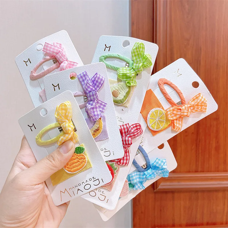 

2 Pcs New Sweet Girl Simple Fresh Plaid Fabric Bow BB Clip for Children Fashion Cute Embroidery Fruit Hairpins Hair Accessories