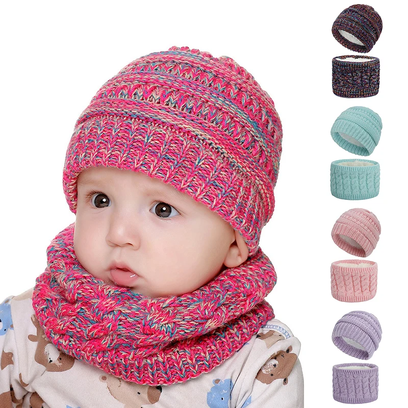 

2Pcs Toddler Hat scarf Solid Round Bonnet scarf Knitted Hat Headscarf Keep Warm Baby Hat Scarf fashion Beanie Head Cover Scarf