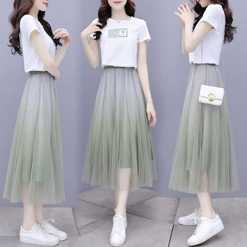 

2021 Spring Summer Gradient Mesh Long Skirt Women High Waisted Casual Vintage Skirts Harajuku Korean Style Pleated Skirt Female