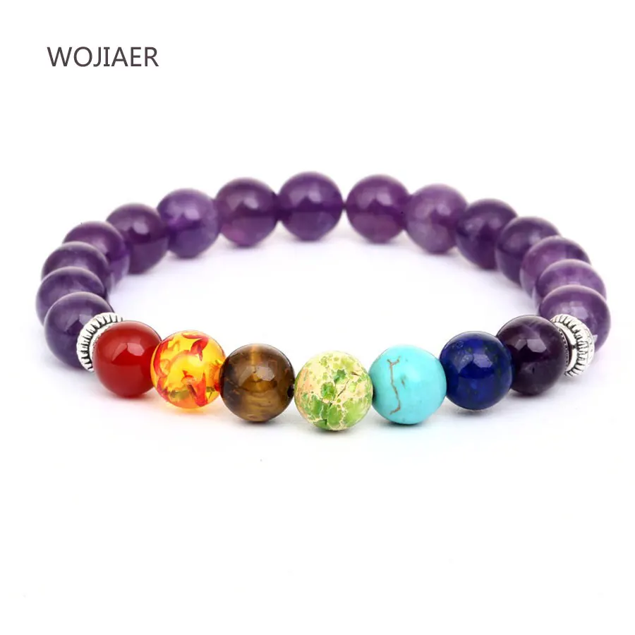 

WOJIAER 8mm Women Men Natural Amethysts Agates Beads 7 Chakra Bracelets Healing Stone Meditation Stone Mala Bracelet ZBM062