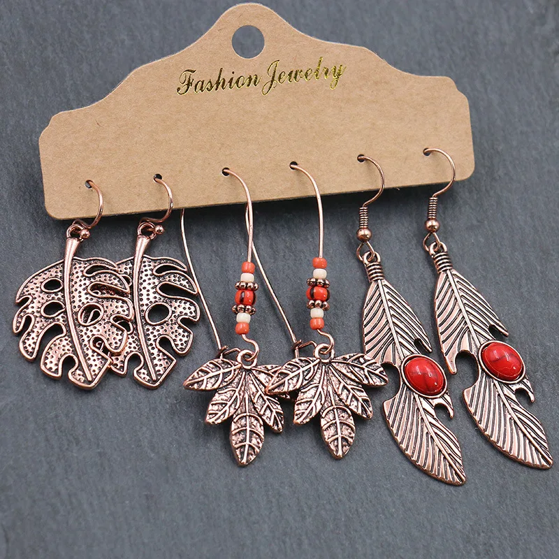 

New earrings 3-piece set, personality and creativity, vintage champagne gold accessories, metal leaf earrings, rock and roll