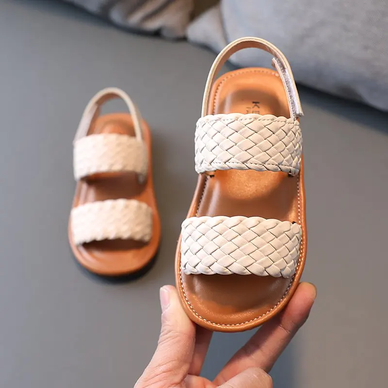 

Girls Woven Strappy Sandals Soft Leather Velcro Open Toen1-8 Years Old Kids Beach Shoes T21N04LS-38