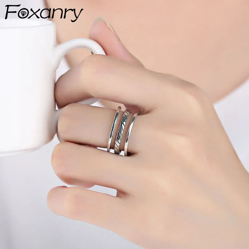 

Foxanry Minimalist 925 Sterling Silver Width Rings for Women New Trendy Multilayer Line Geometric Thai Silver Party Jewelry Gift
