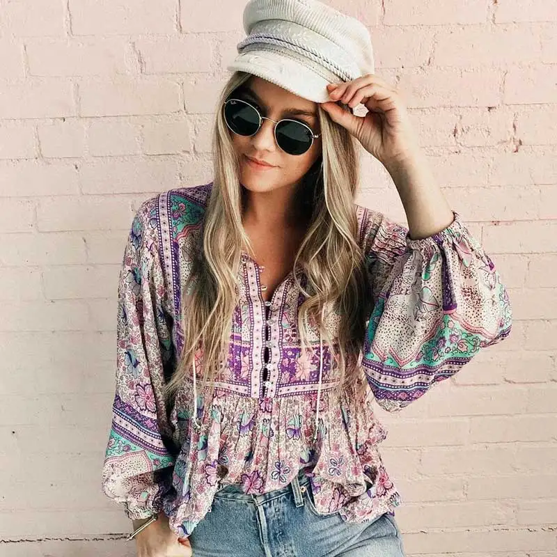 Женская блузка с длинным рукавом BOHO INSPRIED Повседневная Свободная цветочным
