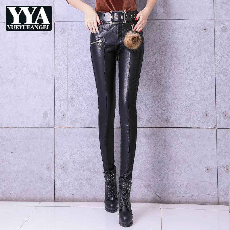 

Кожаные Брюки для женщин, весна-осень 2021, Новые облегающие повседневные женские бархатные плотные брюки-карандаш с высокой талией и кармана...