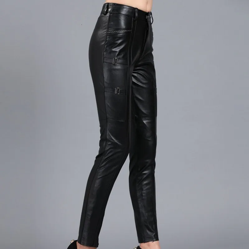 Модные женские байкерские брюки из натуральной овечьей кожи с пряжкой|Брюки| |