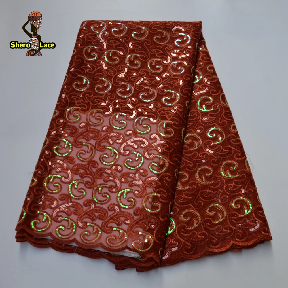 Африканская кружевная ткань из органзы Нигерия пурпурная с блестками для