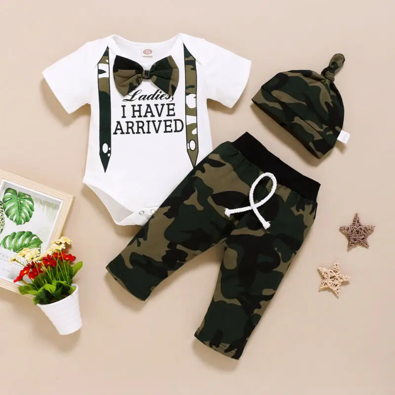 

3Pcs Newborn Baby Boy Clothes 0-18M Letter Print Romper Tops +Camouflage Long Pants+Camo Hat Outfits Clothes Set