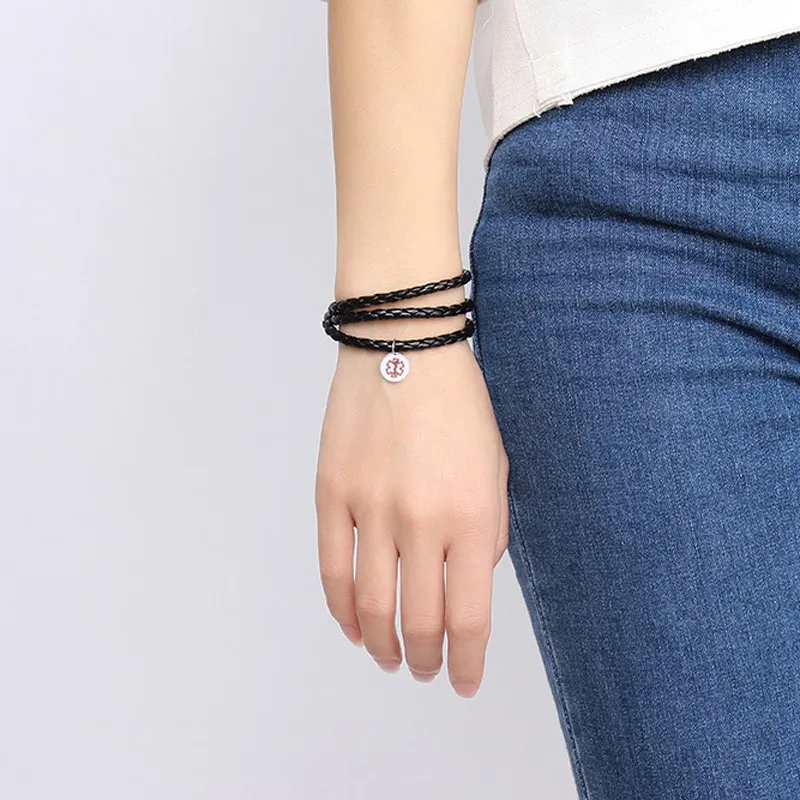 Персонализированный черный плетеный кожаный тройной браслет медицинский с